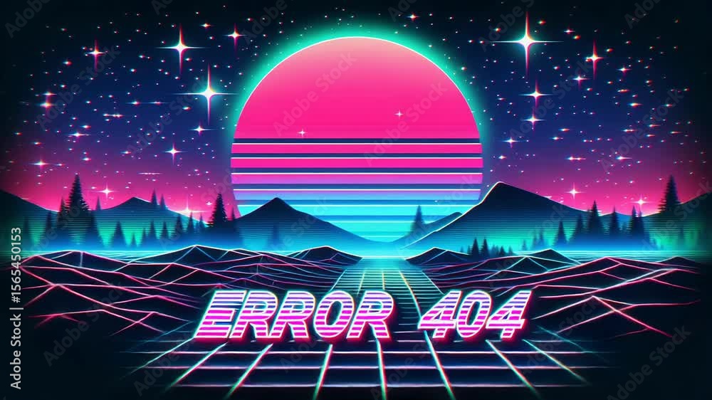 Retro futuristic landscape with error 404 message evokes a nostalgic digital world and neon aesthetic
