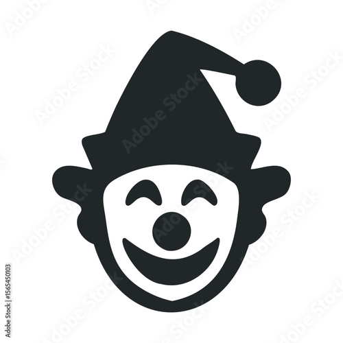 Black and white icon of a smiling clown face with pointed hat