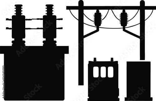 Detailed Silhouette of Power Transformer and Electrical Components in Industrial Setting