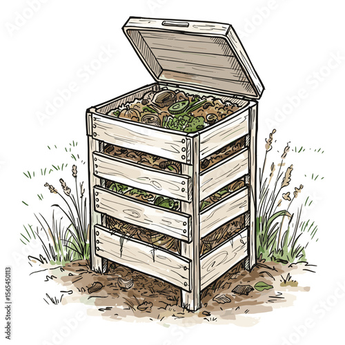 Compost bin filled with organic waste and grass in garden setting  