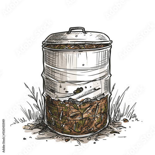 Compost bin filled with organic waste and grass in garden setting  