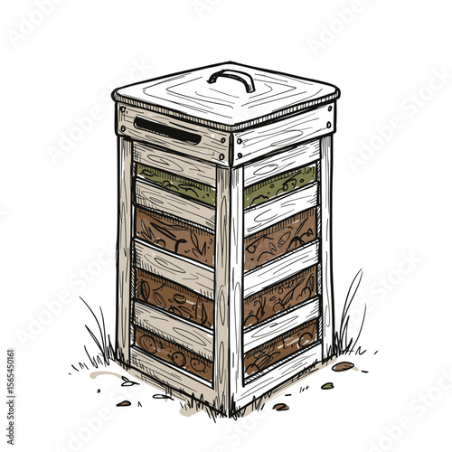 Wooden compost bin with layered design in natural setting  