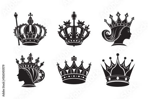silhouette Danish royal crown above royal scepter set bundle on the white background