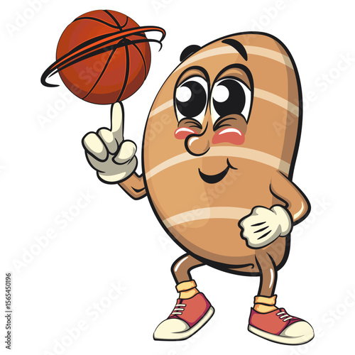 cute salted butter roll mascot cartoon vector illustration spin the basketball with the in, bakery bread character with happy face and red shoes isolated on transparant backnground, work of hand drawn