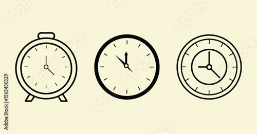 Time Management Icons Alarm Clock, Wall Clock, Simple Clock Designs - Vector Illustrations