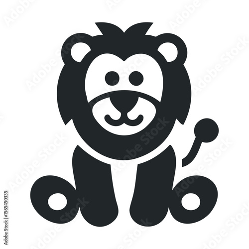Cute cartoon lion illustration in black and white with simplified features
