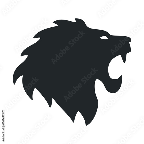 Black silhouette of a roaring lion head on white background