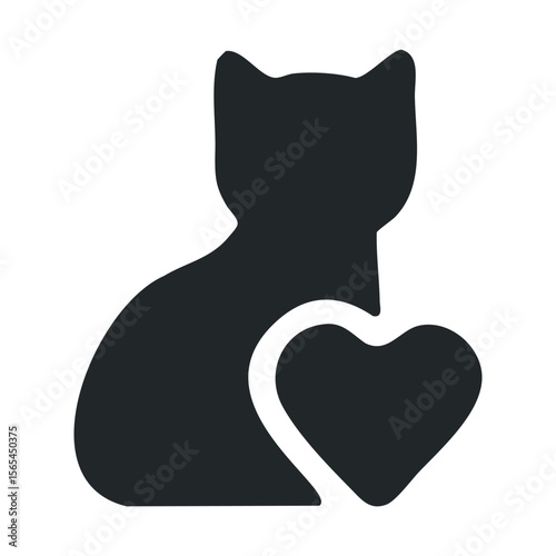 Silhouette of cat with heart symbol: love and feline icon in black and white