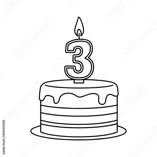 3rd birthday cake with frosting and number 3 candle, isolated vector illustration on white or transparent background