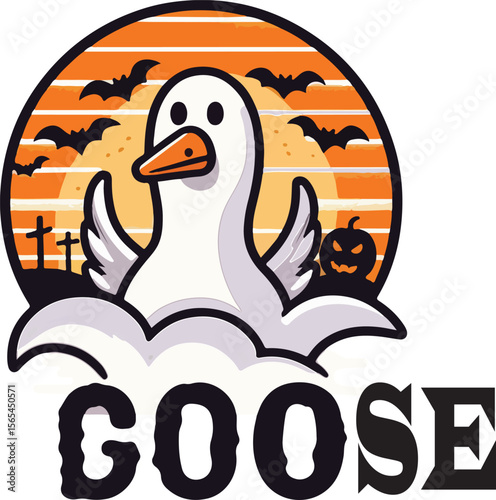 Funny Halloween Goose SVG. This humorous Halloween Goose SVG features a cute cartoon goose in a spooky graveyard scene with flying bats, a creepy jack-o'-lantern, and a glowing sunset sky.
