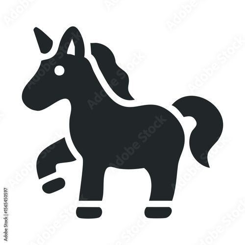 Stylized black unicorn icon with raised hoof in simple design