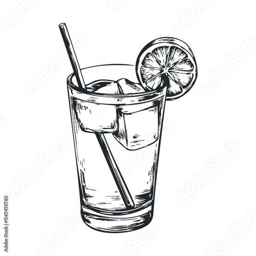 Hand-drawn iced drink with lemon slice and straw in glass