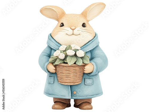 Adorable cartoon rabbit holding a basket of flowers while wearing a blue coat, perfect for spring and Easter decorations, joyful atmosphere