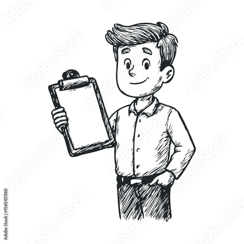 Young caucasian male cartoon holding clipboard with smile