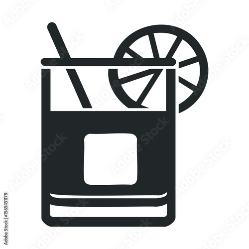 Black and white cocktail icon with straw, ice, and citrus garnish