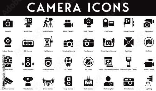 Camera Icons set vector illustration with collection of action cam, movie camera, camcorder, equipment, indoor, 3D, underwater, thermographic, outdoor camera, photographer, retro camera, video, light.