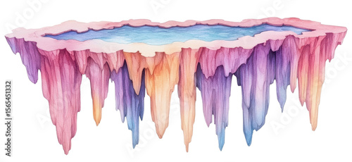 Suspended Water Pool Surrounded by Colorful Ice Formations in Dreamlike Fantasy Landscape Illustration