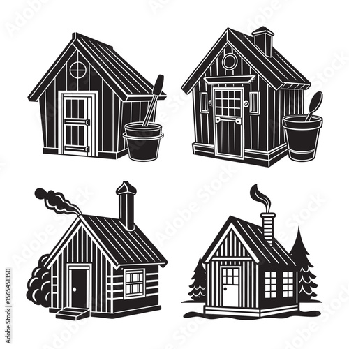silhouette- finish sauna hut with bucket and ladle bundle on the white background