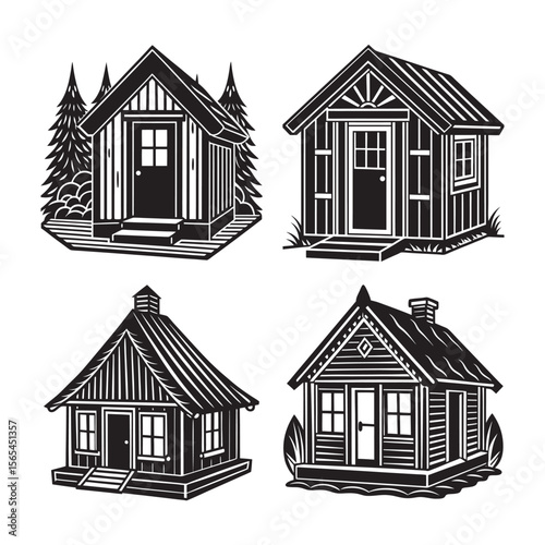 silhouette- finish sauna hut with bucket and ladle bundle on the white background