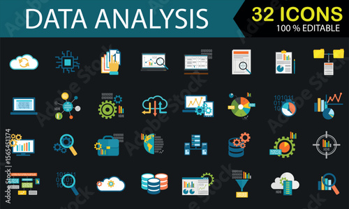 32 Data Analysis Icons — Charts, Graphs, Metrics, Reports, Dashboards, Insights, and Visualization Tools