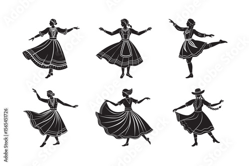 silhouette Estonian folk dancer holding ribbon set bundle on the white background