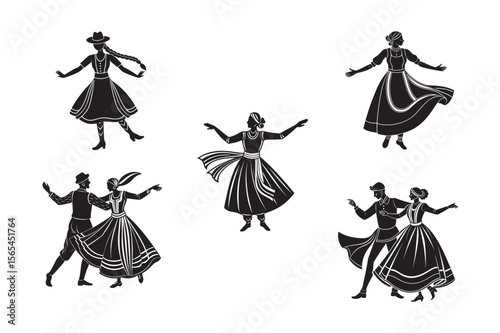 silhouette Estonian folk dancer holding ribbon set bundle on the white background