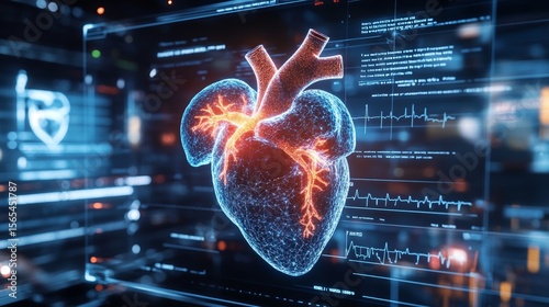 Holographic Display of Key Facts With Futuristic Heart Model in Digital Neon Blue Environment