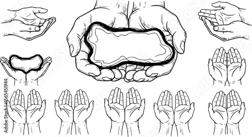 Human hands holding something. Abstract doodle sketchy shape lying in palms. Hand drawn modern Vector illustration. Isolated design element. Poster, print, sticker template. Care, support concept