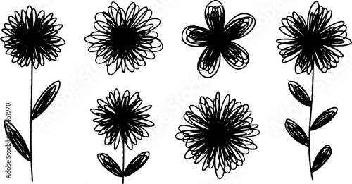 Black abstract Flowers set. Crayon, charcoal, kid childish, naive art, scribble line, doodle brush style. Hand drawn modern Vector illustration. Primitive, minimal sketchy isolated design elements