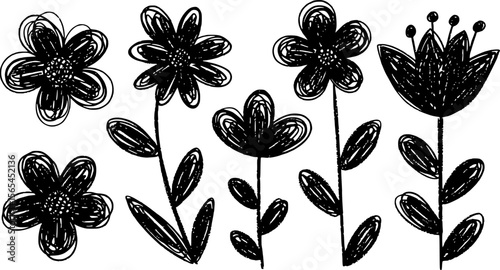 Black abstract Flowers set. Crayon, charcoal, kid childish, naive art, scribble line, doodle brush style. Hand drawn modern Vector illustration. Primitive, minimal sketchy isolated design elements