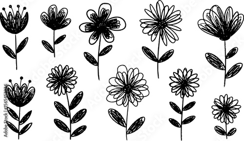 Black abstract Flowers set. Crayon, charcoal, kid childish, naive art, scribble line, doodle brush style. Hand drawn modern Vector illustration. Primitive, minimal sketchy isolated design elements