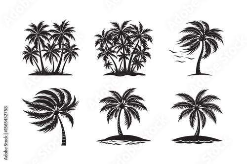 silhouette beach palm tree bundle on the white background 