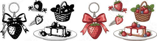 Strawberry set. Berry with bow ribbon, strawberry keychain, hair clip, basket with berries, cheesecake on plate. Hand drawn Vector illustration. Isolated design elements. Summer fresh sweets concept