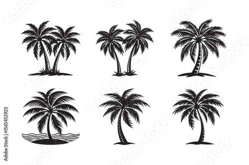 silhouette beach palm tree bundle on the white background 