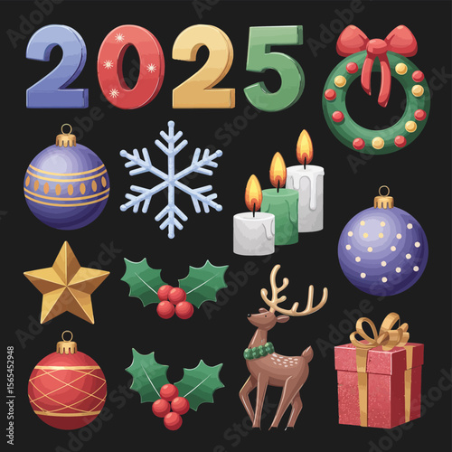 vector Happy New Year Celebrating 2025 in Latin letters , Christmas Decoration Items Santa Claus