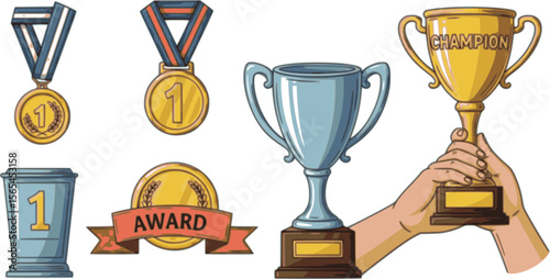 Award, winning cup, first place medal, ribbon prize. Hand holding gold medal and champion trophy cup. Hand drawn trendy Vector illustration. Isolated design elements. Victory, competition concept