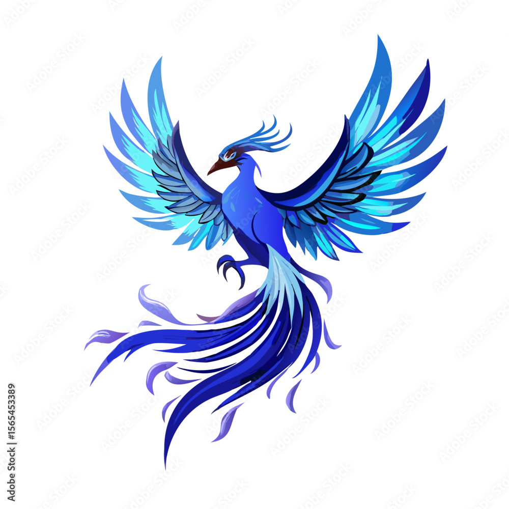 Fototapeta premium Blue Phoenix Vector – Majestic Ice-Themed Firebird Illustration, Elegant Mythical Bird in Flight with Gradient Wings for Logos, Fantasy & Digital Art