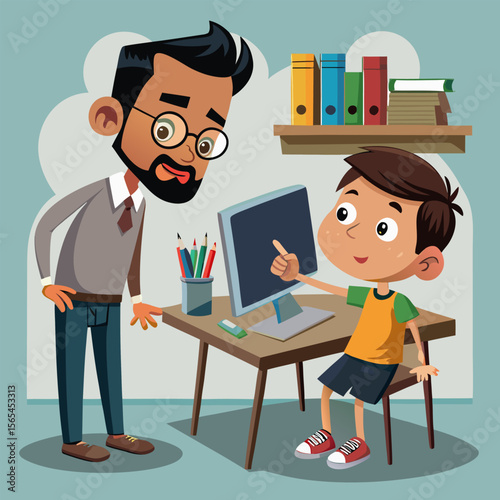 Black and White Cartoon of Curious Boy Pointing at Computer While Father Watches – Contrast Between Digital and Traditional Creativity
