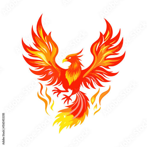 Phoenix Vector in Flames – Vibrant Red & Yellow Fire Bird Illustration, Mythical Winged Creature Clipart for Logos, Tattoos, Fantasy & Graphic Design

