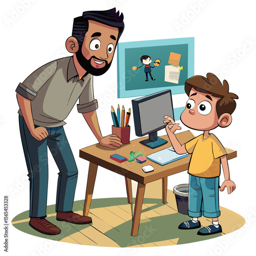 Black and White Cartoon of Curious Boy Pointing at Computer While Father Watches – Contrast Between Digital and Traditional Creativity