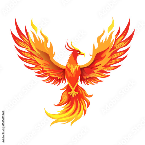 Phoenix Vector in Flames – Vibrant Red & Yellow Fire Bird Illustration, Mythical Winged Creature Clipart for Logos, Tattoos, Fantasy & Graphic Design

