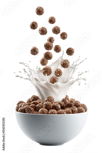 Chocolate Cereal with Milk Splash in White Bowl on Transparent Background
