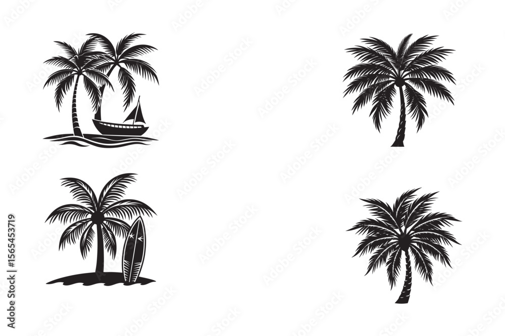 Fototapeta premium silhouette palm tree with beach chair nearby set bundle on the white background