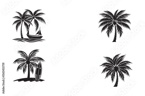 silhouette palm tree with beach chair nearby set bundle on the white background