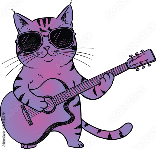 Vector silhouette set of a cool cat with sunglasses playing an acoustic guitar.