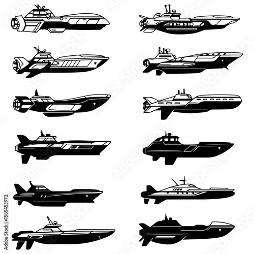 A versatile vector collection of sci-fi yachts, featuring both detailed outlines and high-contrast silhouettes