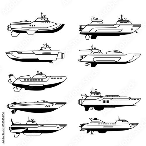 A stylish vector set of futuristic luxury yachts, symbolizing the future of aquatic travel and advanced marine technology