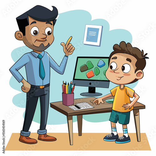 Black and White Cartoon of Curious Boy Pointing at Computer While Father Watches – Contrast Between Digital and Traditional Creativity