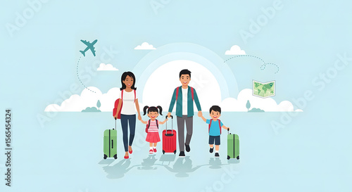 Happy Family Traveling with Luggage and Backpacks