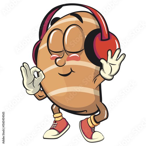 cute salted butter roll mascot cartoon vector illustration listening to headset while dancing calm, bakery bread character with happy face isolated on transparant backnground, work of hand drawn